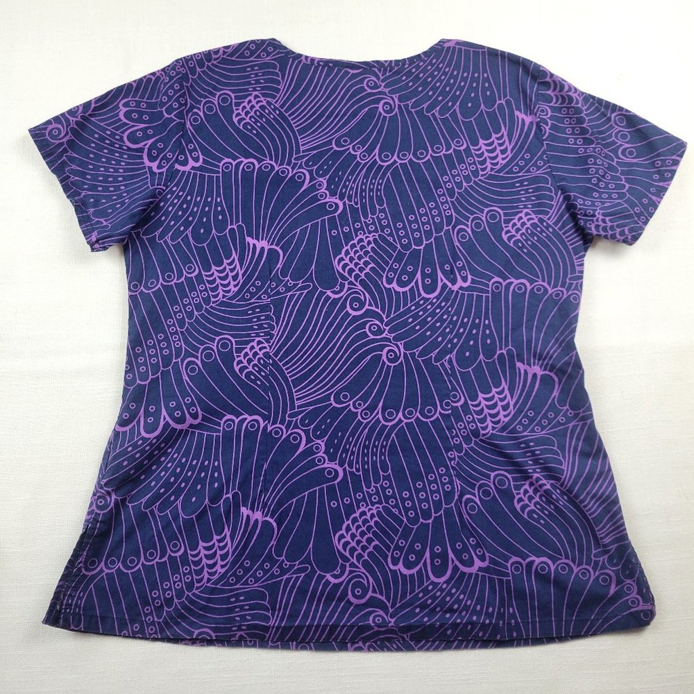 NRG Blue and Purple Feather Floral Print  Scrub Top by Barco - Large - Picture 6 of 9